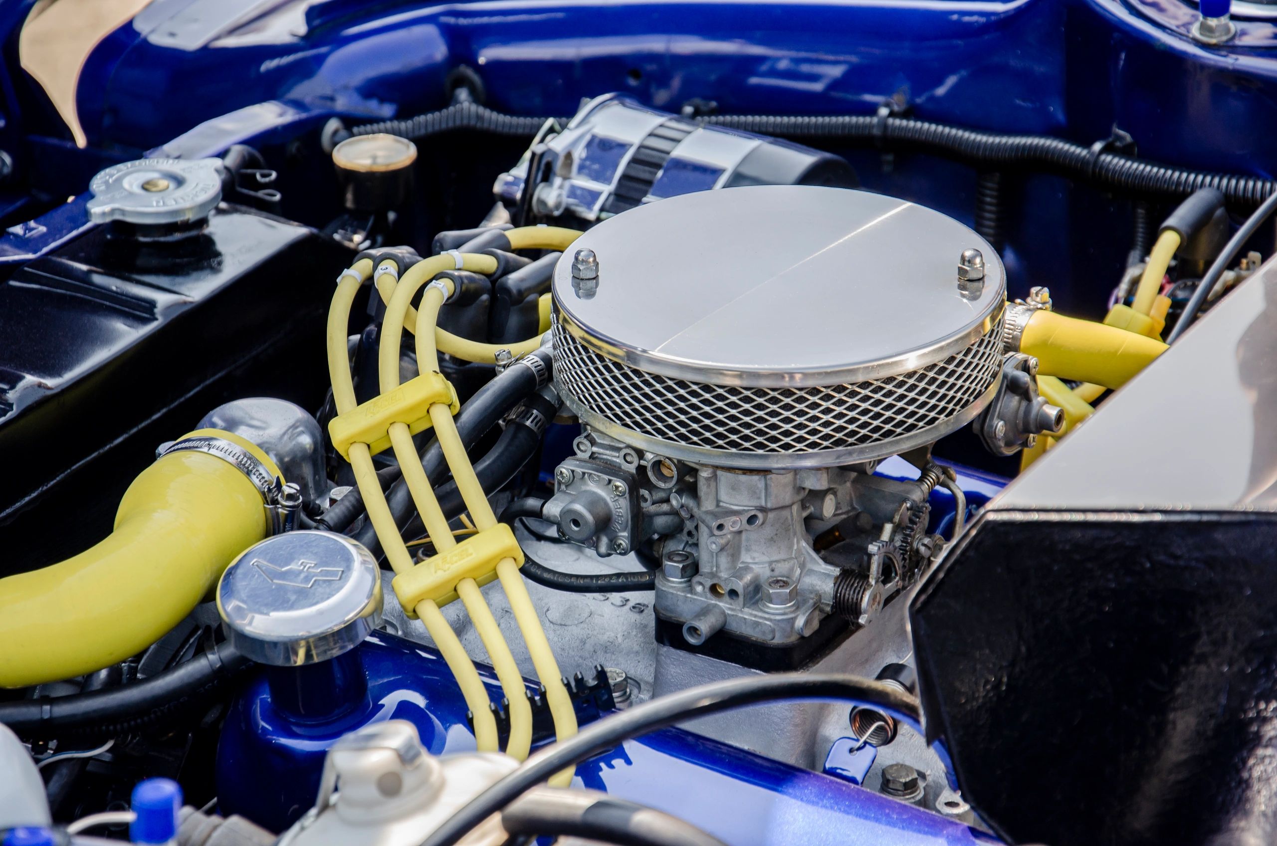Close-up of a modified car engine on display